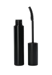 Photo of Mascara for eyelashes on white background. Makeup product