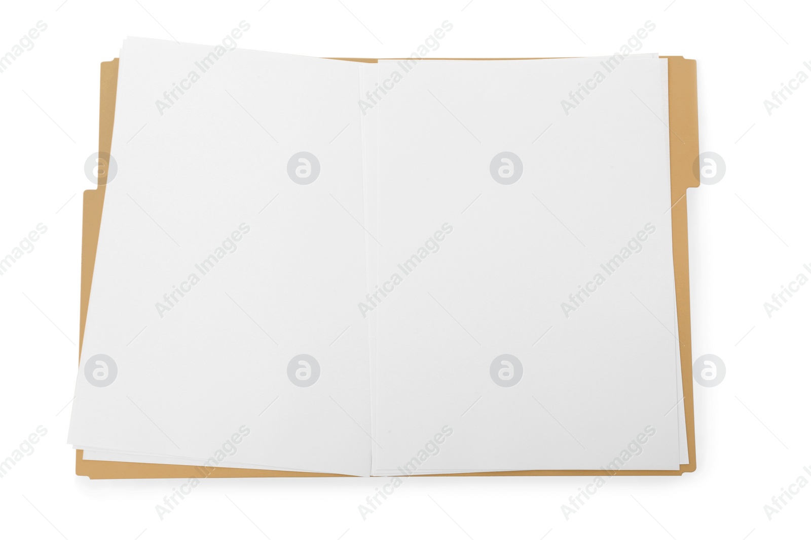 Photo of Yellow file with blank sheets of paper isolated on white, top view. Space for design