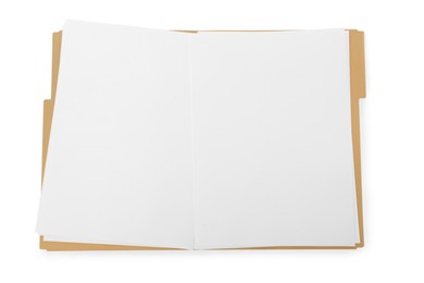 Photo of Yellow file with blank sheets of paper isolated on white, top view. Space for design