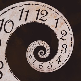 Image of Infinity and other time related concepts. Twisted hour numbers. Clock with spiral effect