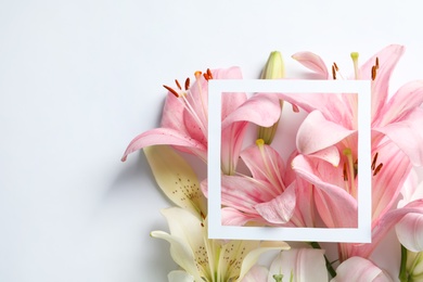 Composition with beautiful blooming lily flowers and frame on white background