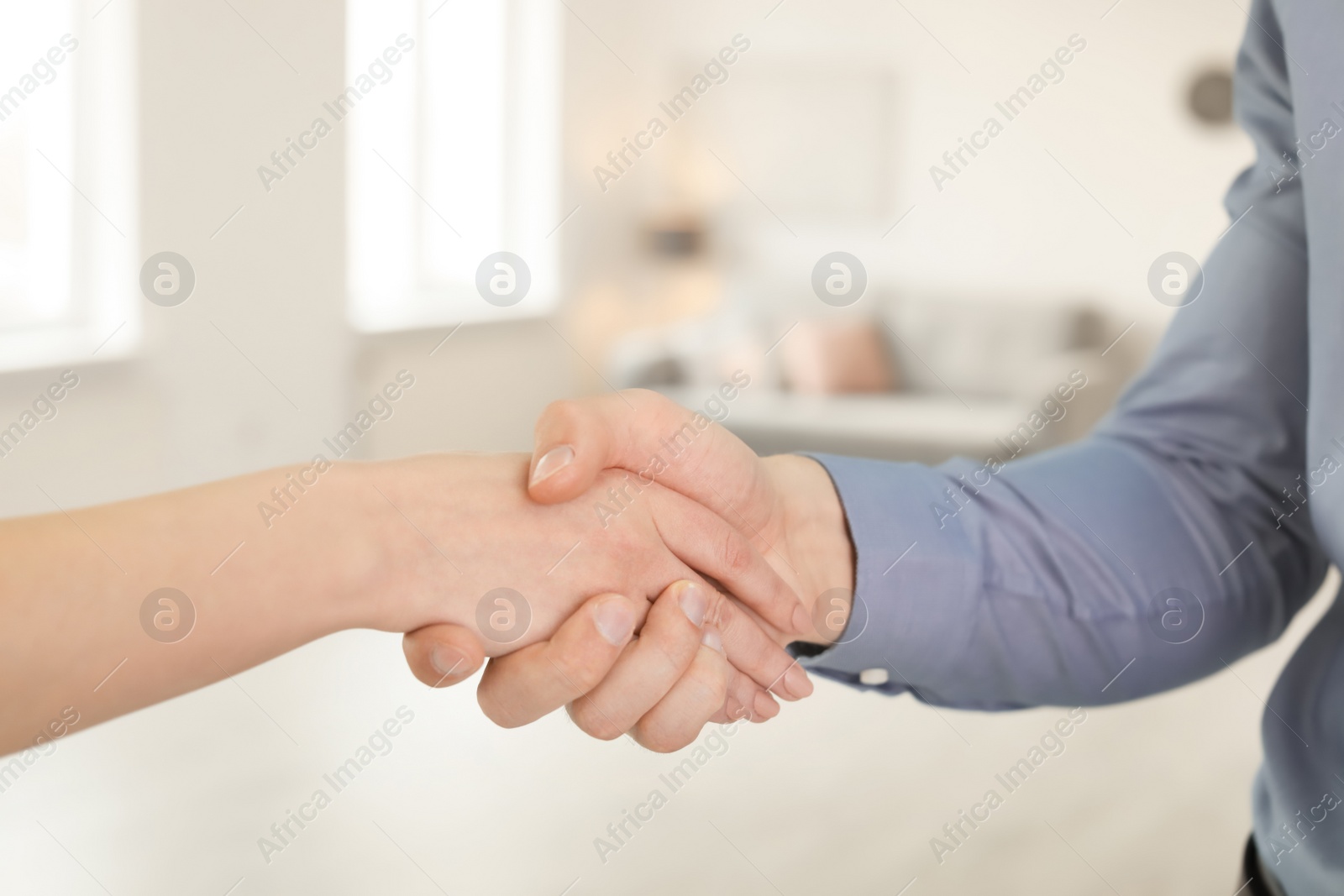 Photo of Real estate agent and young man shaking hands indoors, closeup