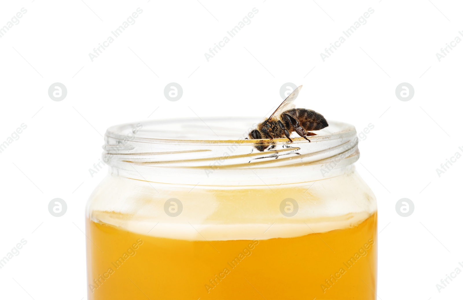 Photo of Jar with honey and bee on white background