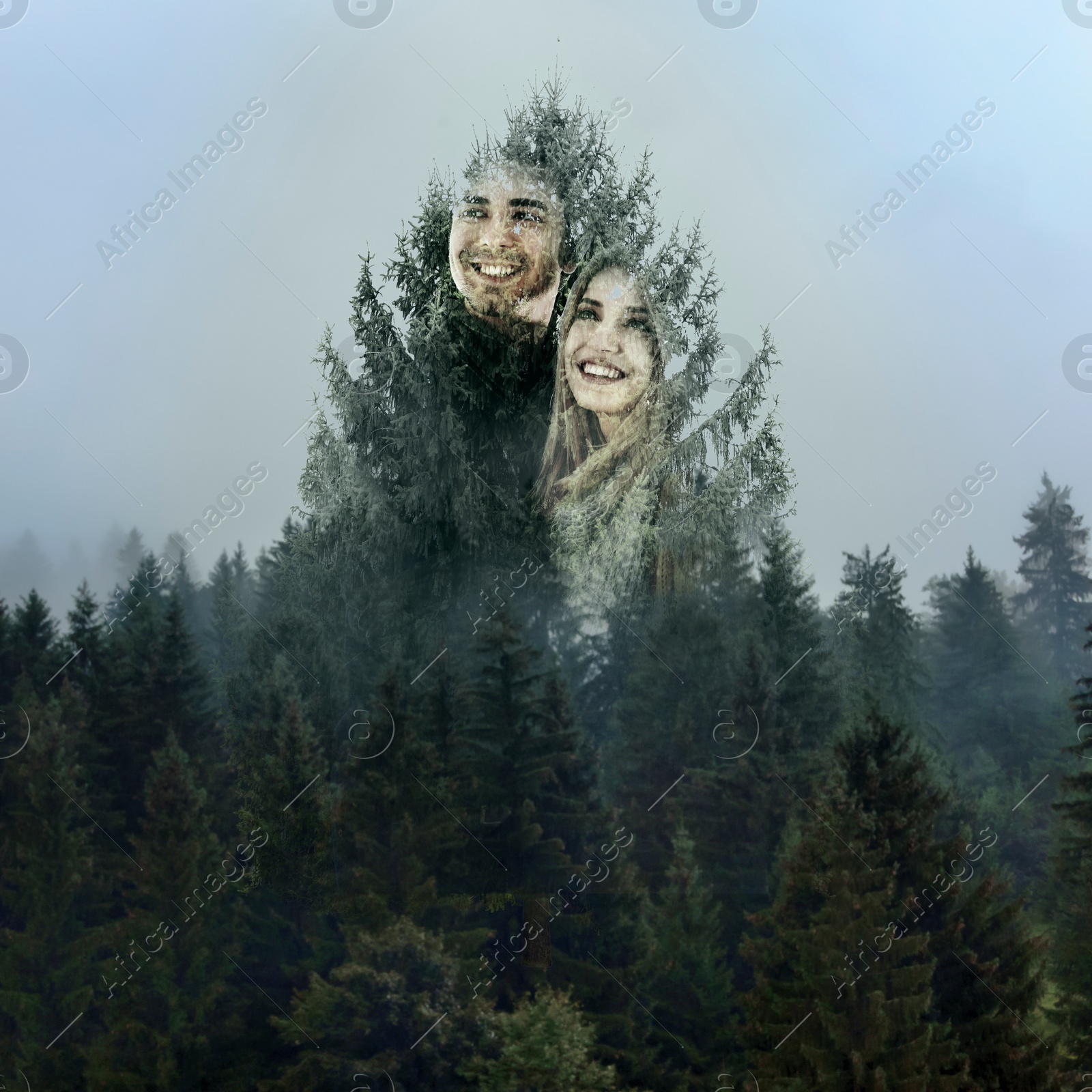 Image of Double exposure of happy couple and beautiful forest