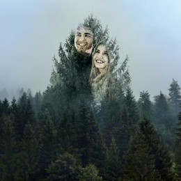 Image of Double exposure of happy couple and beautiful forest
