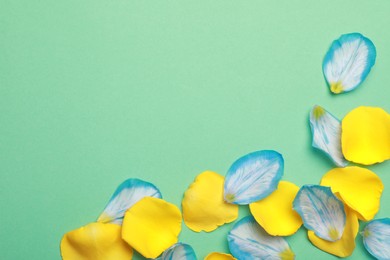 Photo of Beautiful petals on green background, flat lay. Space for text