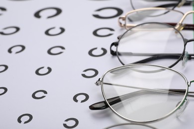 Vision test chart and different glasses, closeup