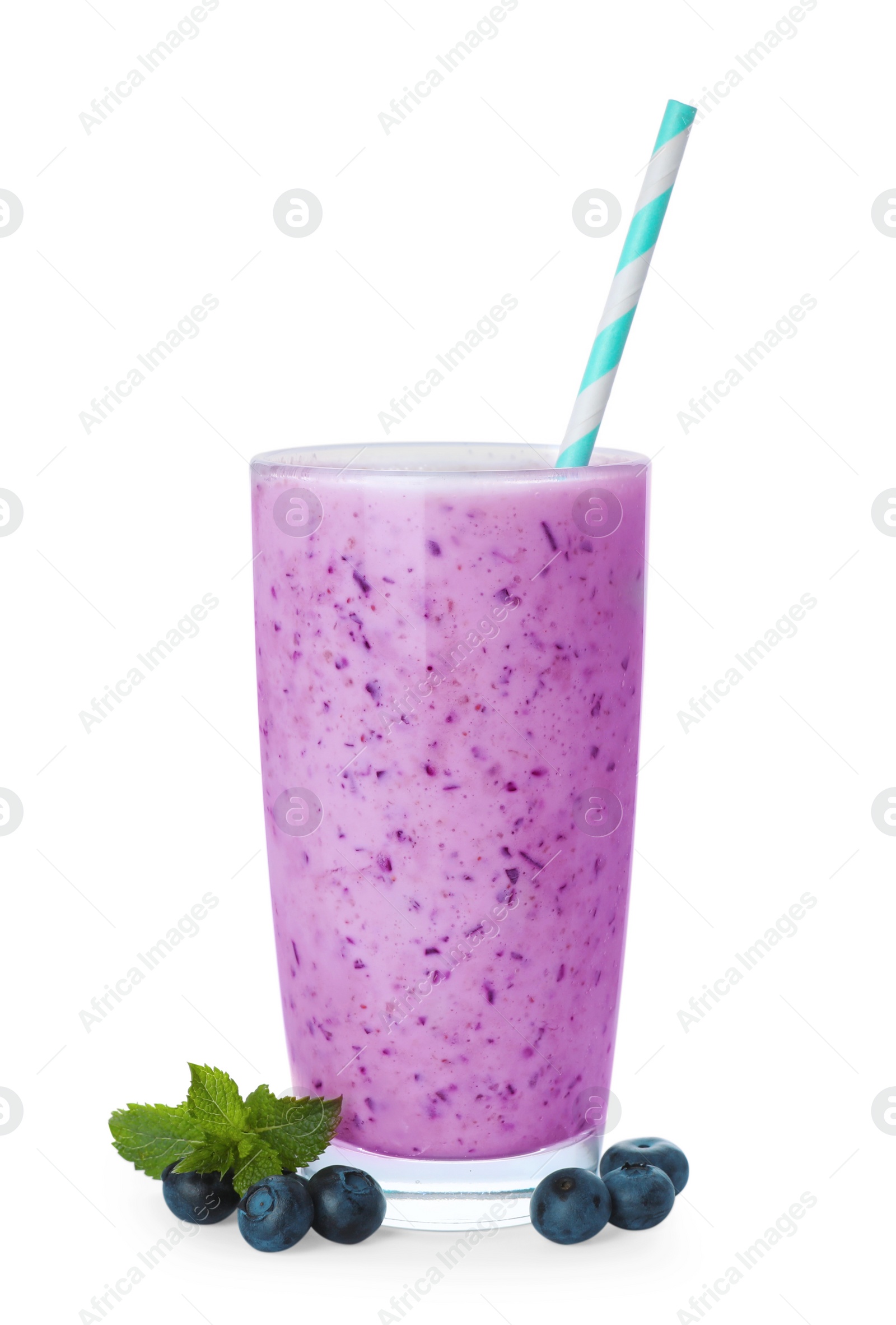 Photo of Glass of blueberry smoothie, fresh berries and mint isolated on white