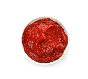 Photo of Tasty homemade tomato sauce in bowl on white background, top view