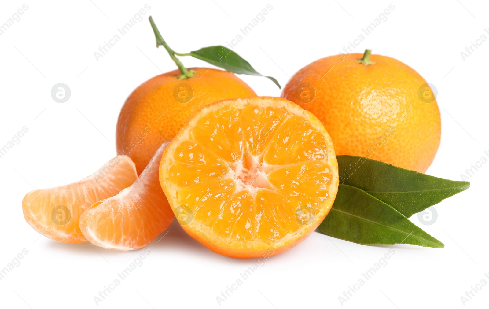 Photo of Fresh ripe juicy tangerines with green leaves isolated on white