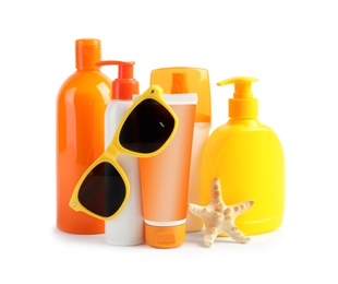 Composition with sun protection products on white background. Body care