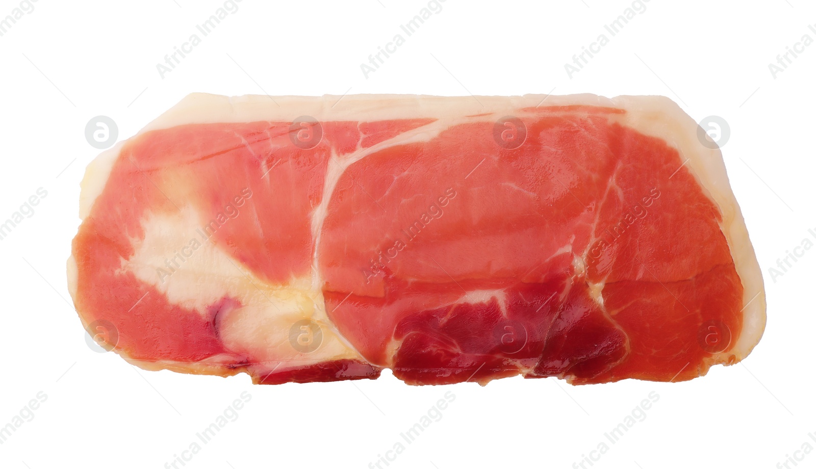 Photo of Slice of delicious jamon isolated on white, top view