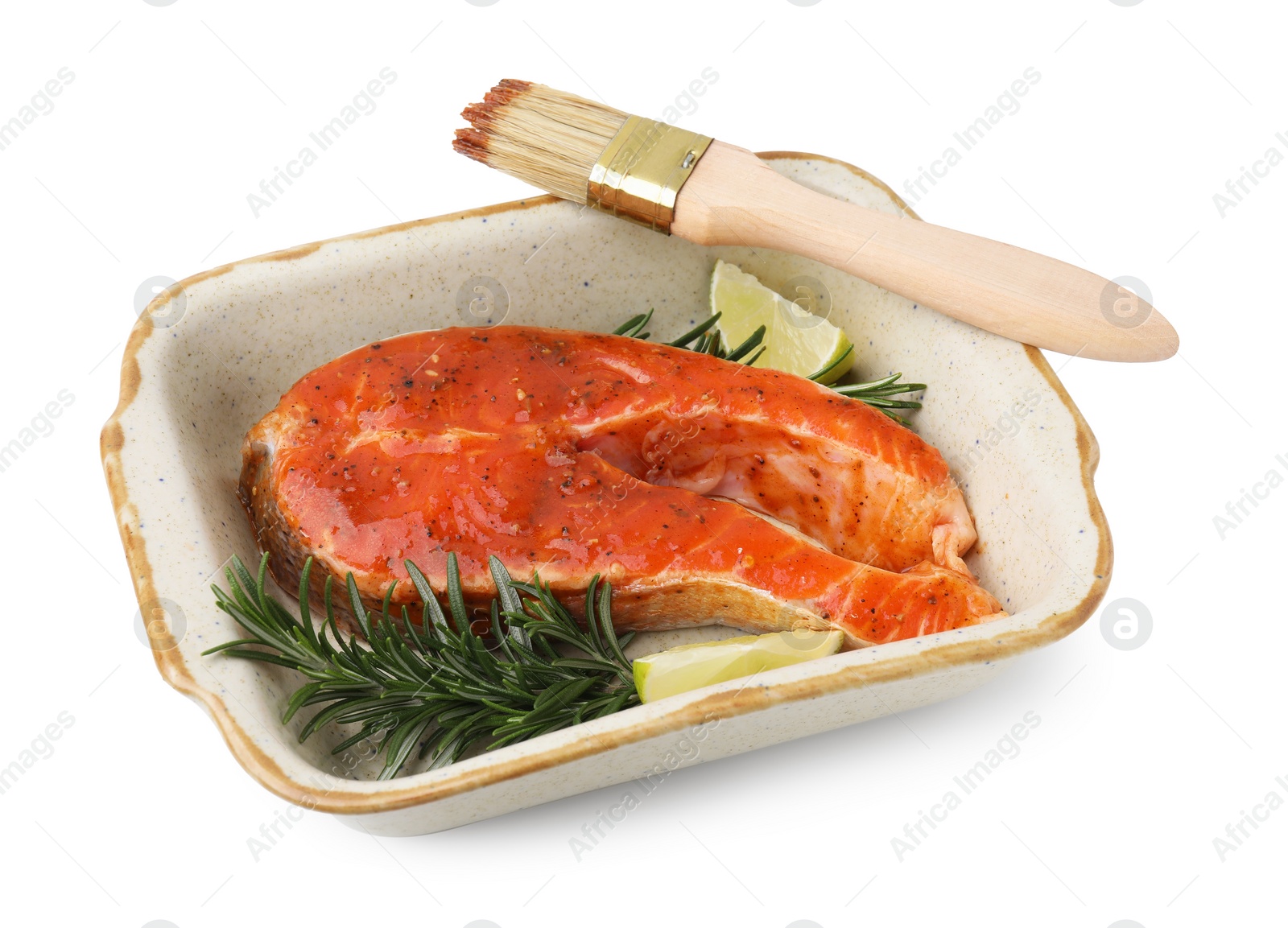 Photo of Fresh marinade, fish, lime, rosemary and brush isolated on white
