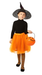 Photo of Cute little girl with pumpkin candy bucket wearing Halloween costume on white background