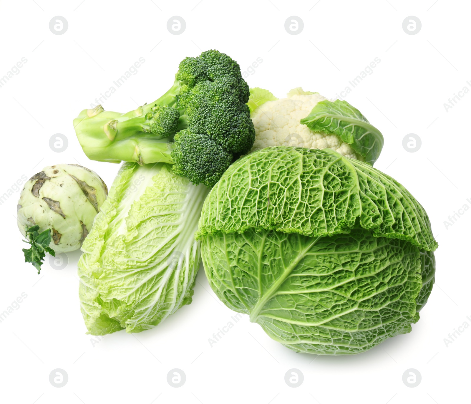 Photo of Many different types of fresh cabbage on white background
