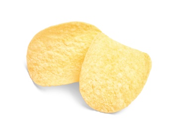 Tasty crispy potato chips on white background