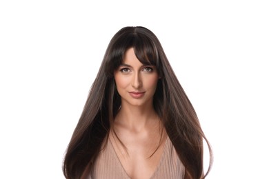 Photo of Hair styling. Portrait of beautiful woman with straight long hair on white background