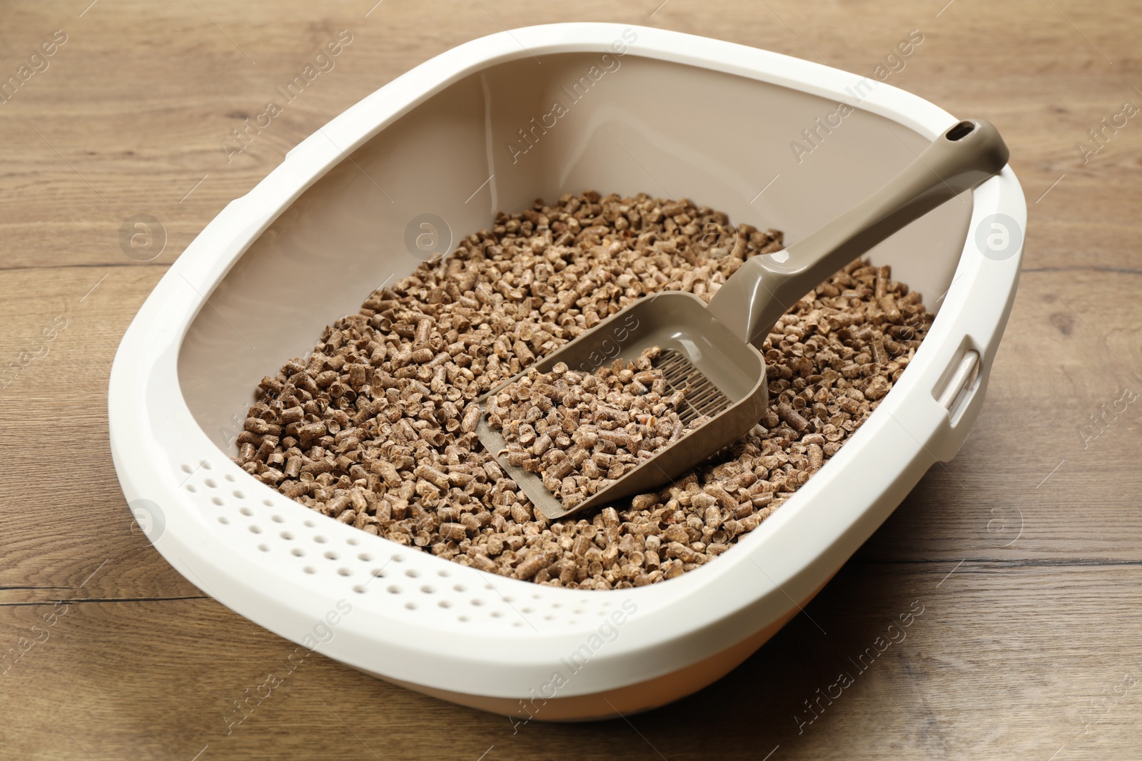 Photo of Cat litter tray with filler and scoop on wooden floor, closeup