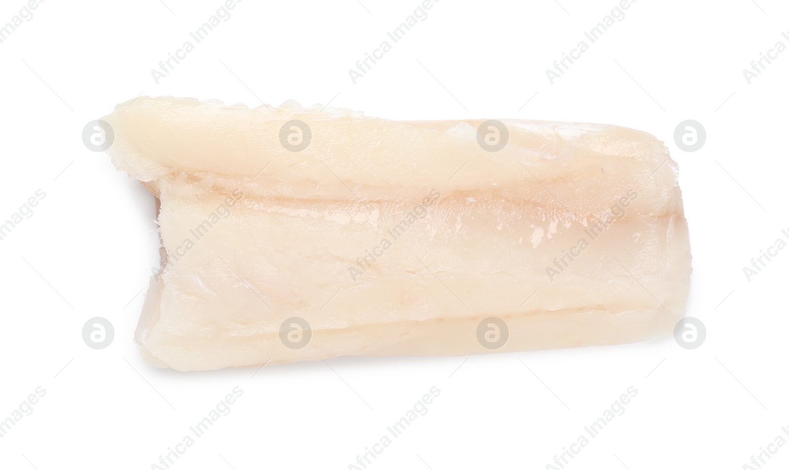 Photo of Piece of raw cod fish isolated on white, top view