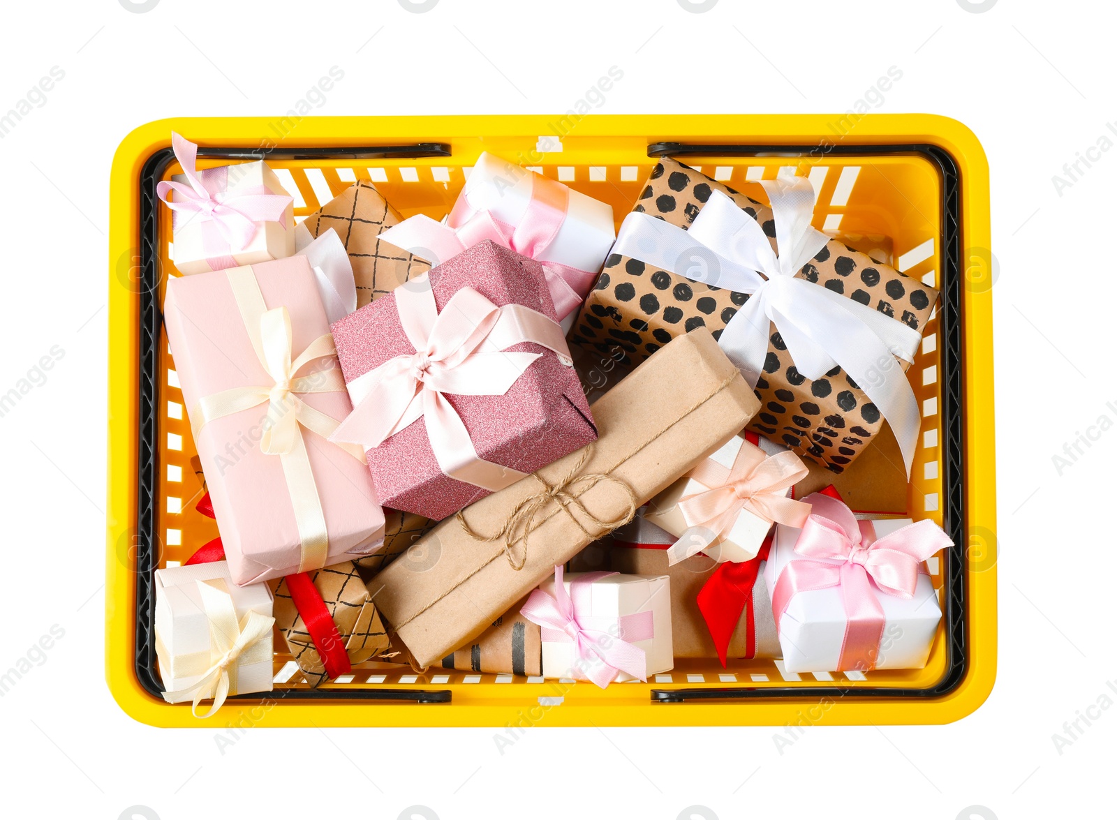 Photo of Shopping basket full of gift boxes on white background, top view