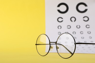 Vision test chart and glasses on yellow background, closeup. Space for text