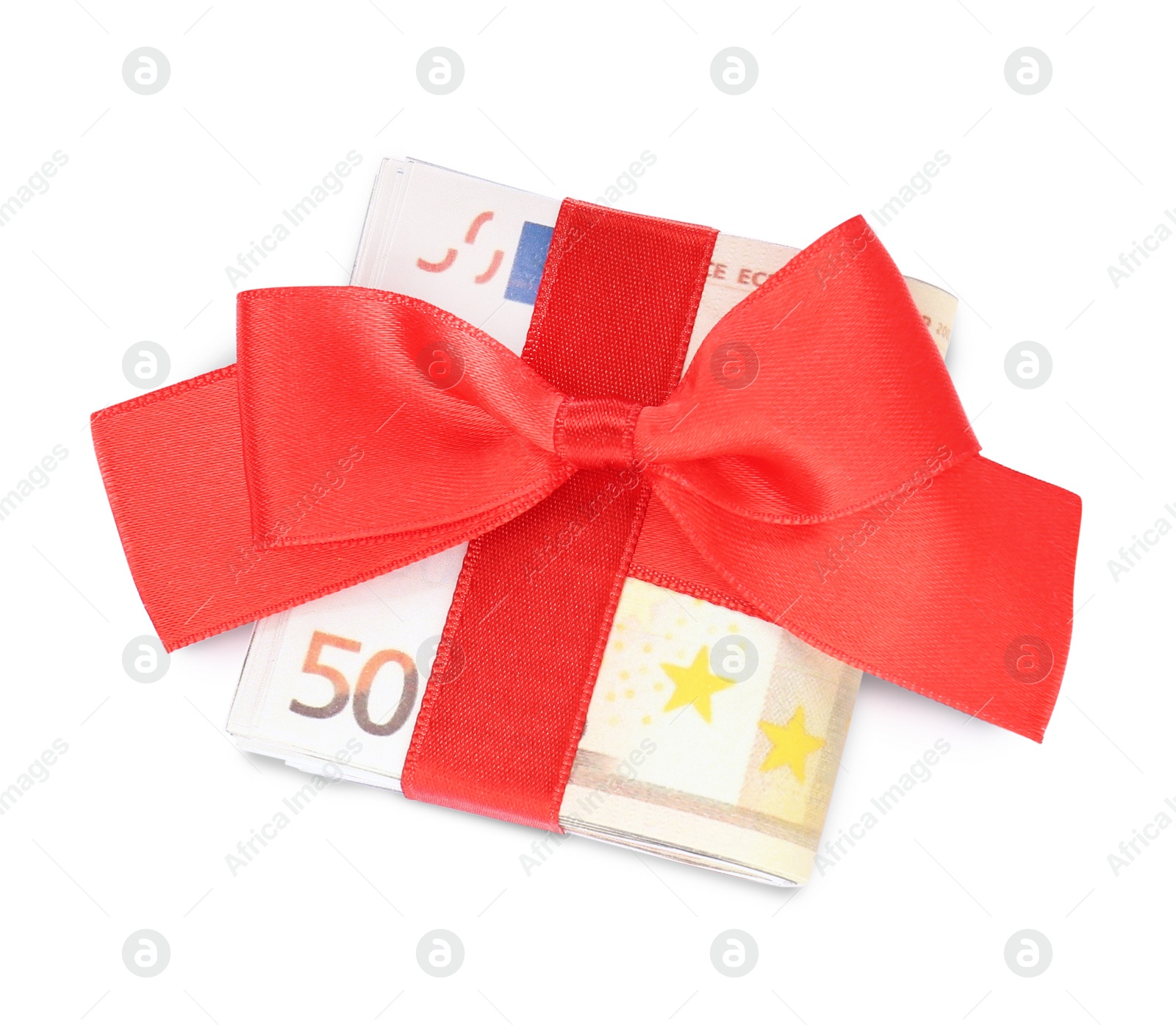 Photo of 50 Euro banknotes with red ribbon isolated on white, top view. Money exchange