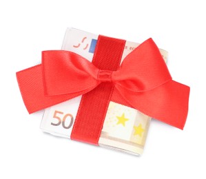 50 Euro banknotes with red ribbon isolated on white, top view. Money exchange