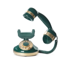 Photo of Elegant vintage green telephone isolated on white