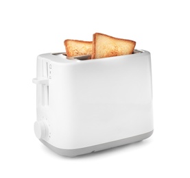 Photo of Toaster with bread slices on white background