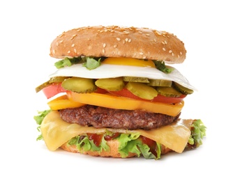 Photo of Tasty burger with fried egg on white background