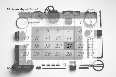 Image of Double exposure of calendar and designer's workplace. Personal schedule