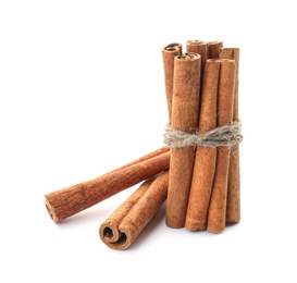 Photo of Tied cinnamon sticks on white background