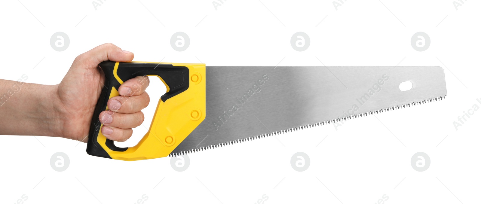 Photo of Man holding saw with yellow handle isolated on white, closeup