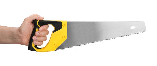 Man holding saw with yellow handle isolated on white, closeup