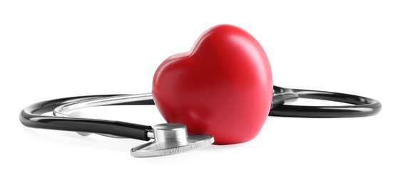 Photo of Stethoscope and red heart isolated on white