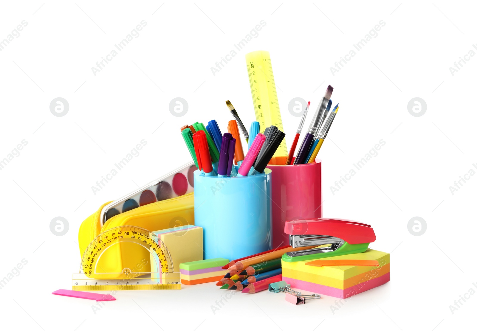 Photo of Set of colorful school stationery on white background