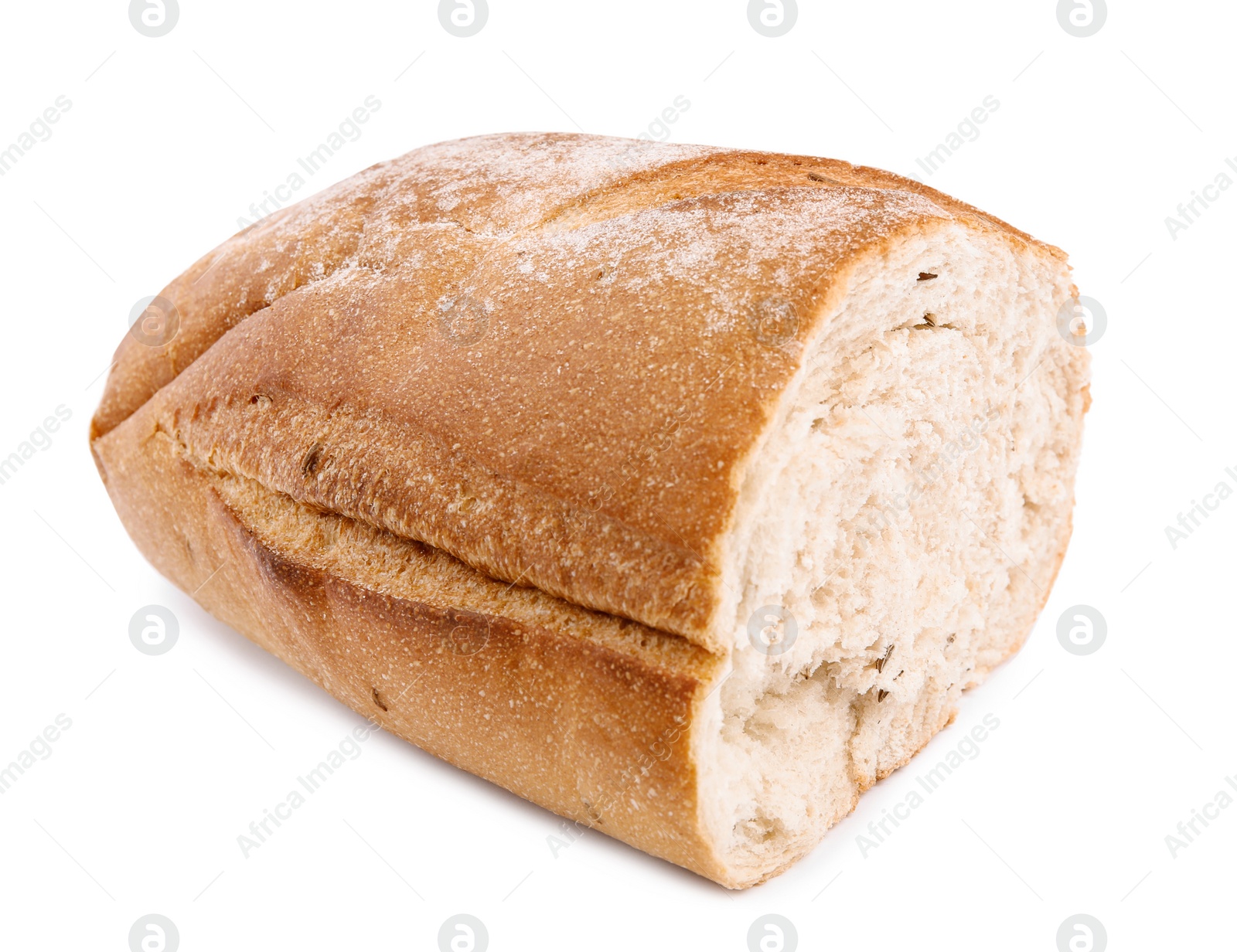 Photo of Cut loaf of fresh bread on white background