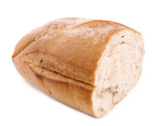 Cut loaf of fresh bread on white background