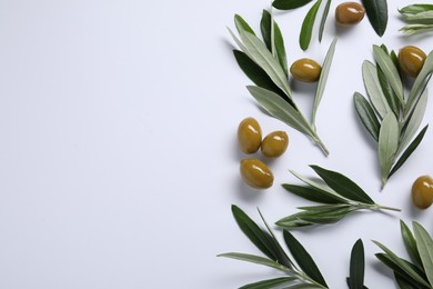 Photo of Twigs with olives and fresh green leaves on white background, flat lay. Space for text