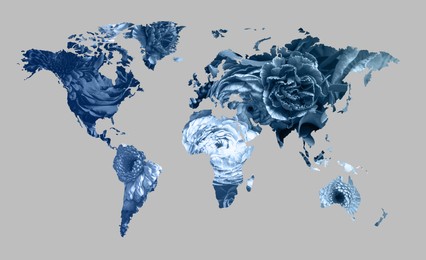 Image of World map made of beautiful flowers on grey background, banner design