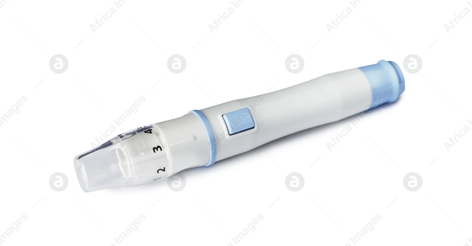 Photo of Blood lancet pen on white background. Medical device