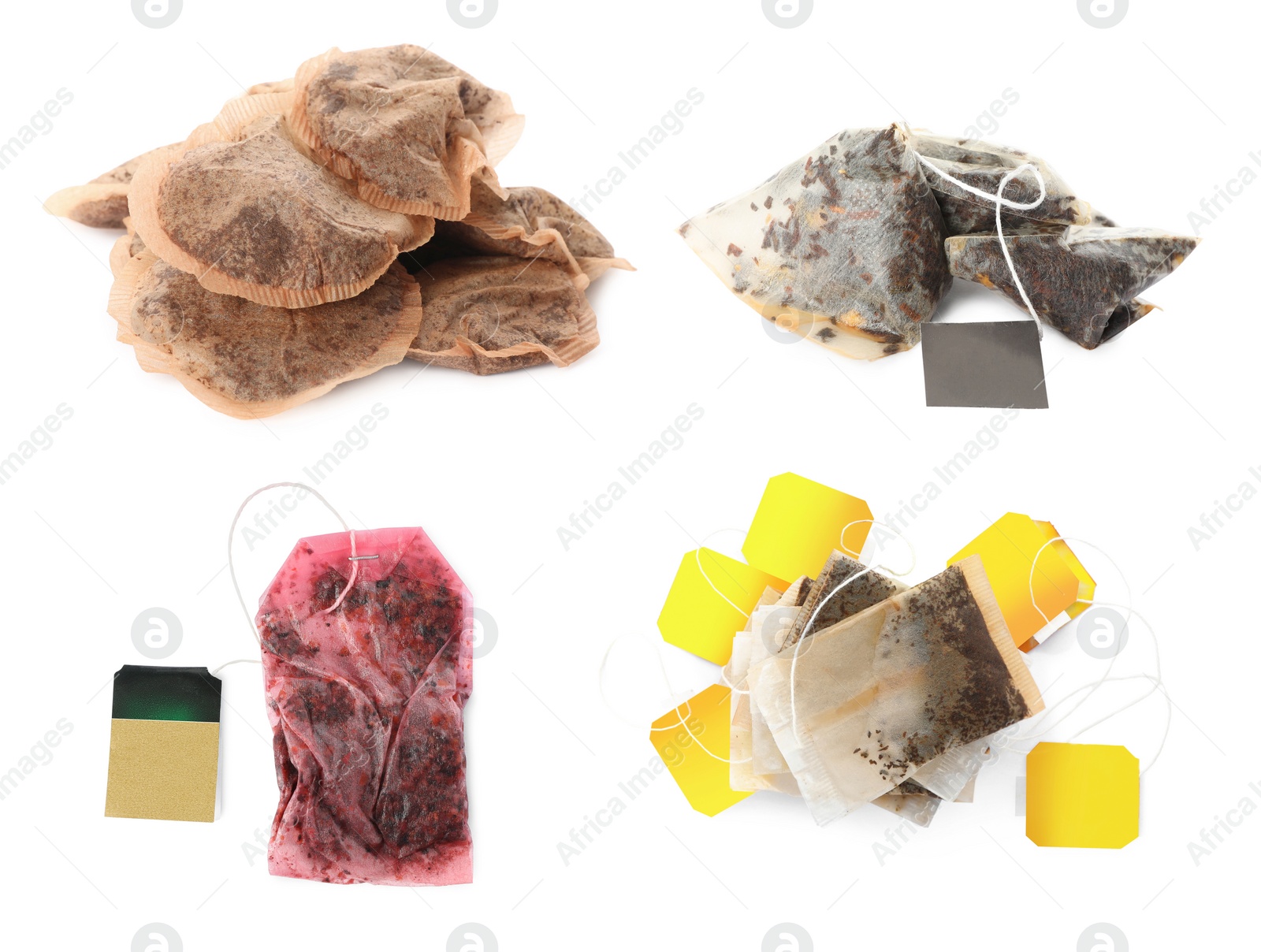 Image of Set with used tea bags on white background