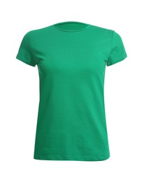 Photo of Stylish green women's t-shirt isolated on white. Mockup for design