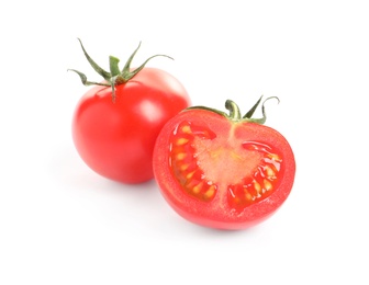 Photo of Fresh organic cherry tomatoes isolated on white