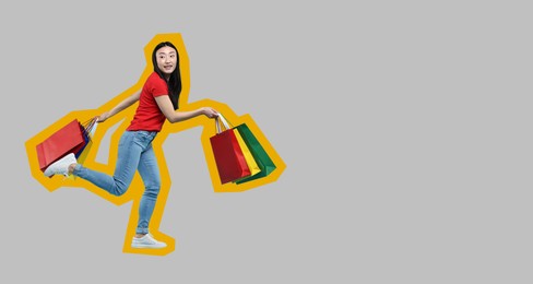 Image of Happy woman with shopping bags on grey background, space for text. Banner design