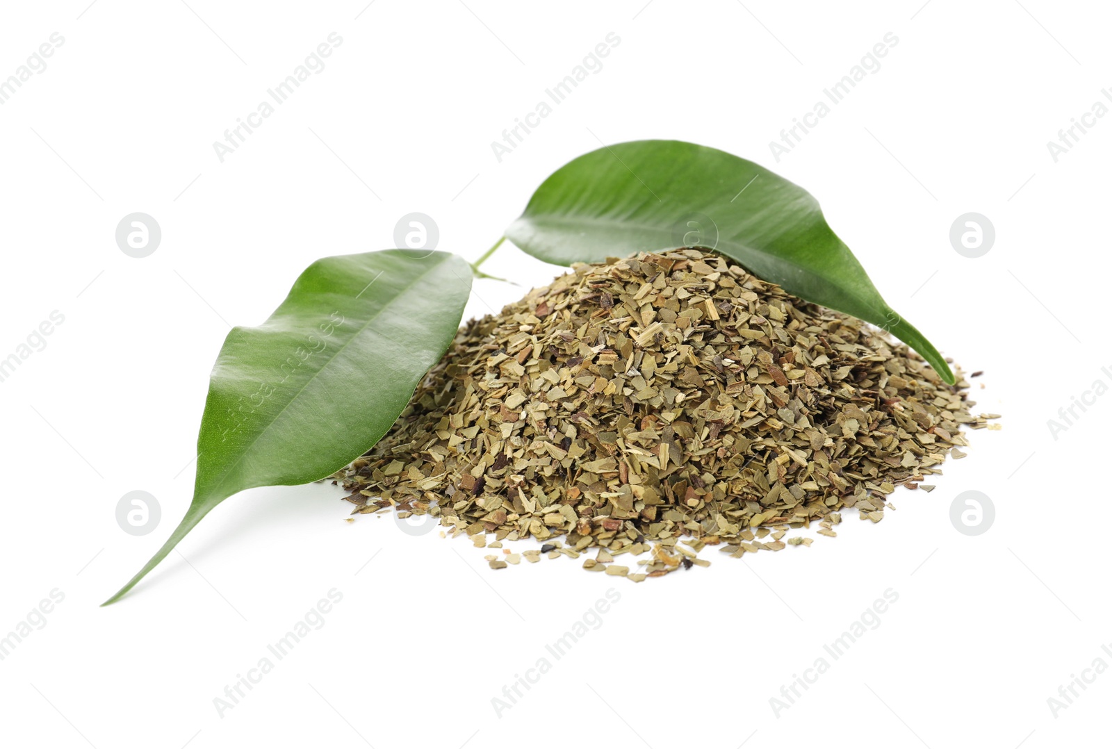 Photo of Pile of aromatic mate tea and fresh leaves on white background