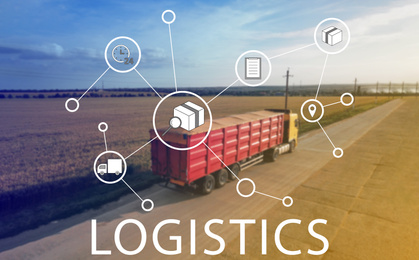Image of Logistics concept. Truck on country road and scheme with icons