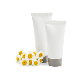 Composition with chamomile flowers and cosmetic products on white background