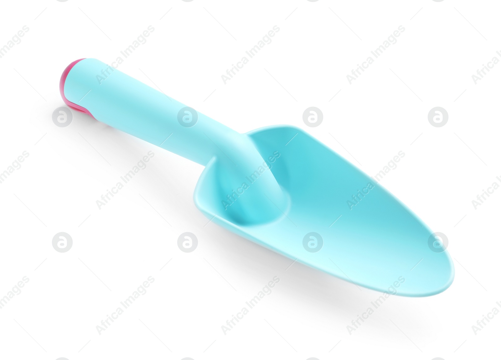 Photo of New trowel on white background. Professional gardening tool