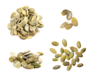 Image of Set of raw pumpkin seeds on white background